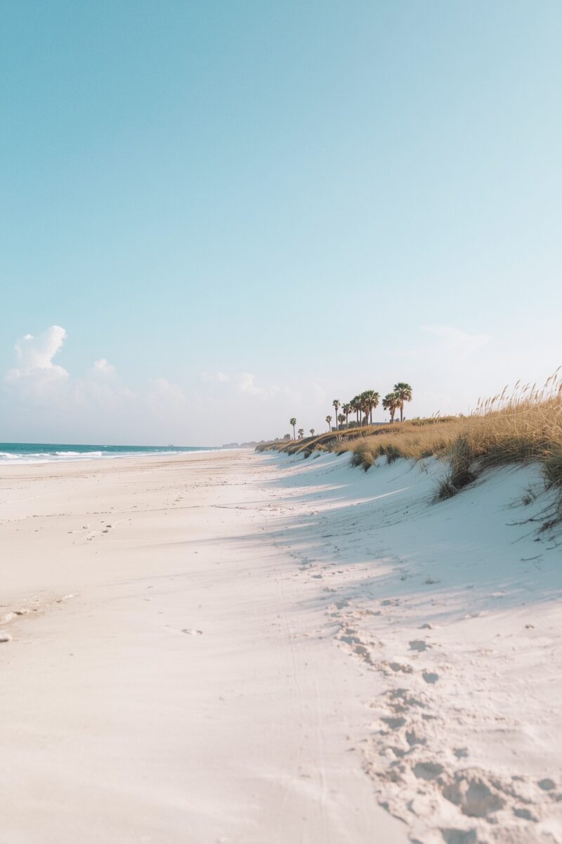 Wide white sand beach with sea oat grass dunes, palm trees, and calm turquoise ocean under clear blue sky