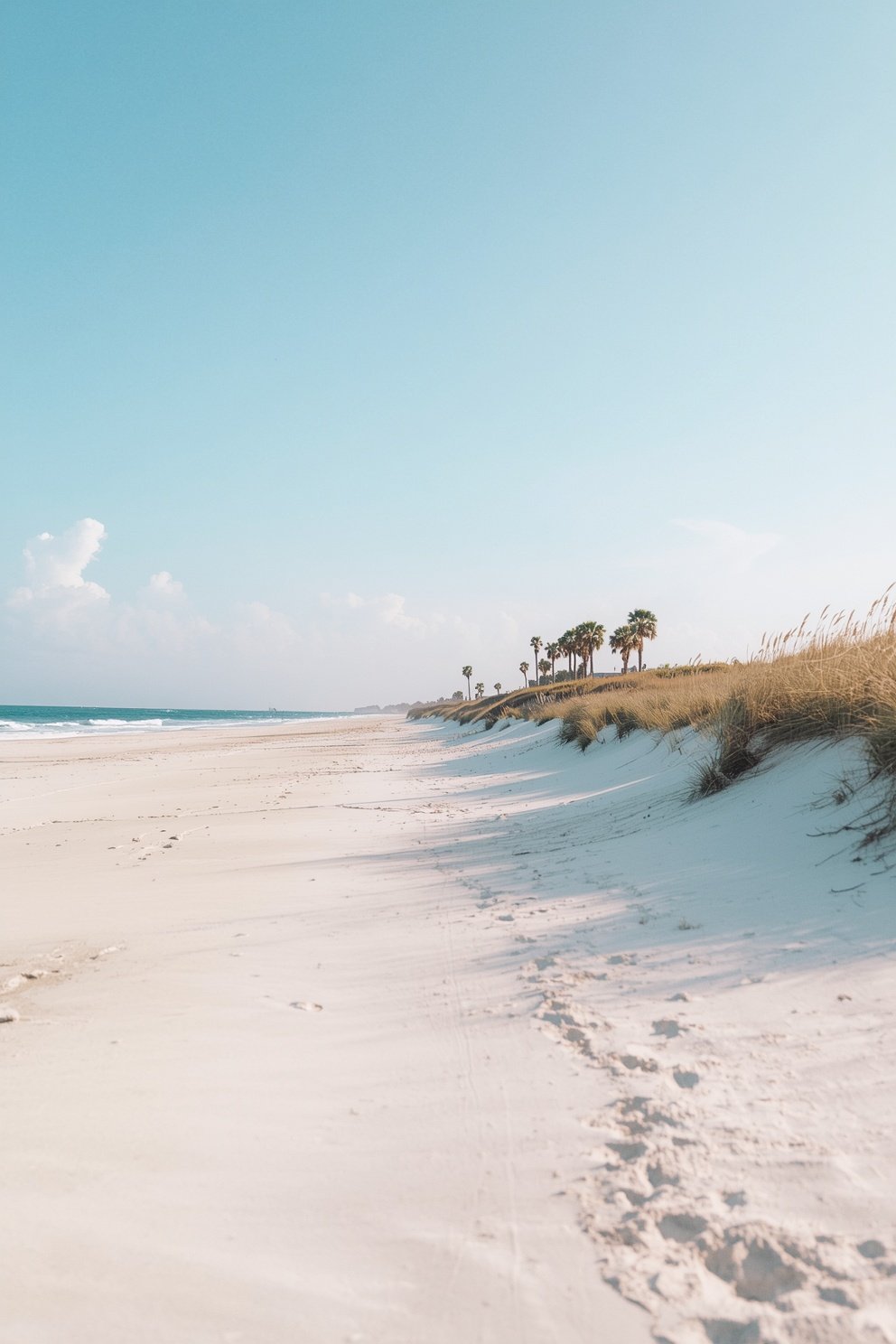 Wide white sand beach with sea oat grass dunes, palm trees, and calm turquoise ocean under clear blue sky