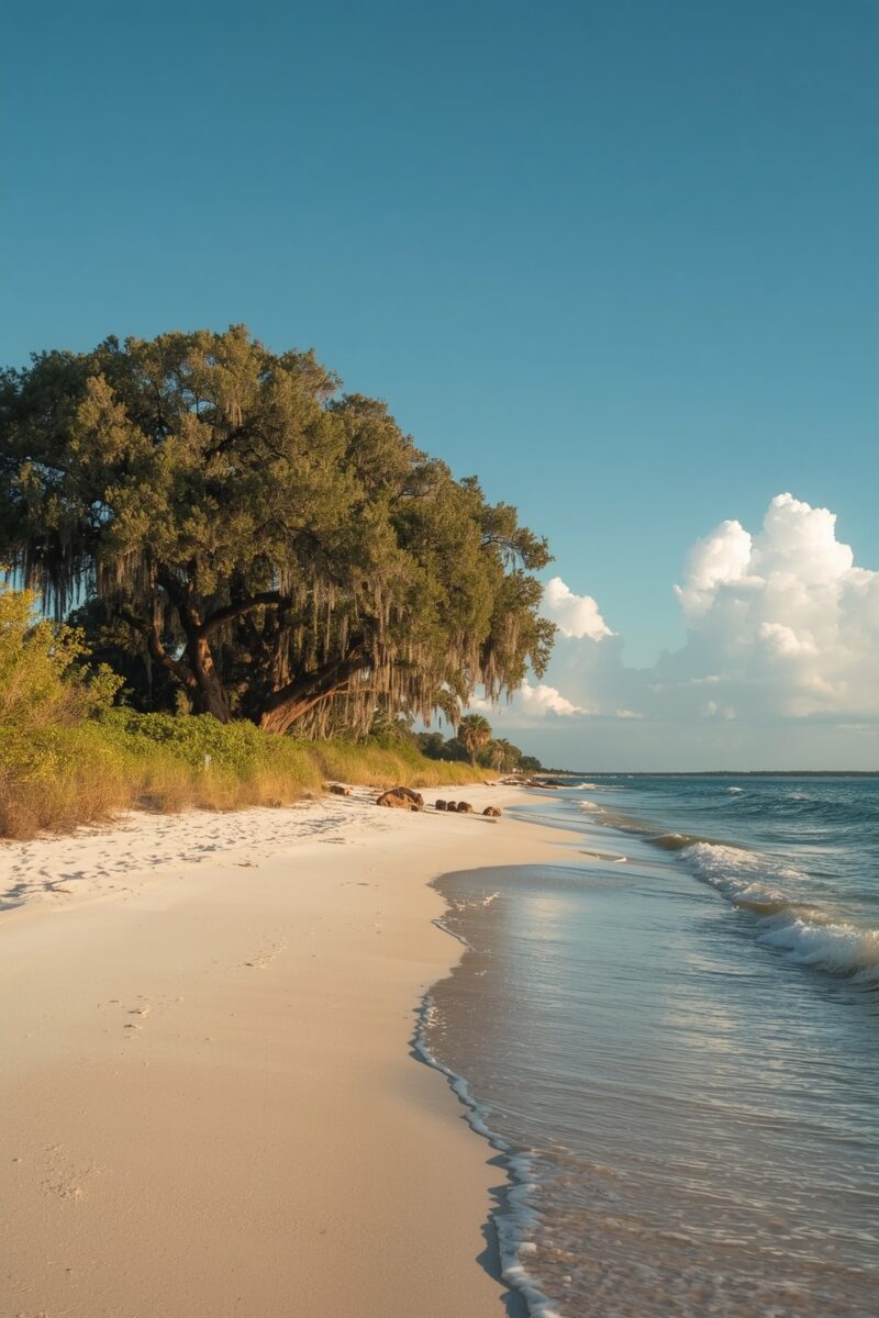 Pristine white sand beach with live oak trees draped in Spanish moss beside calm turquoise ocean waters