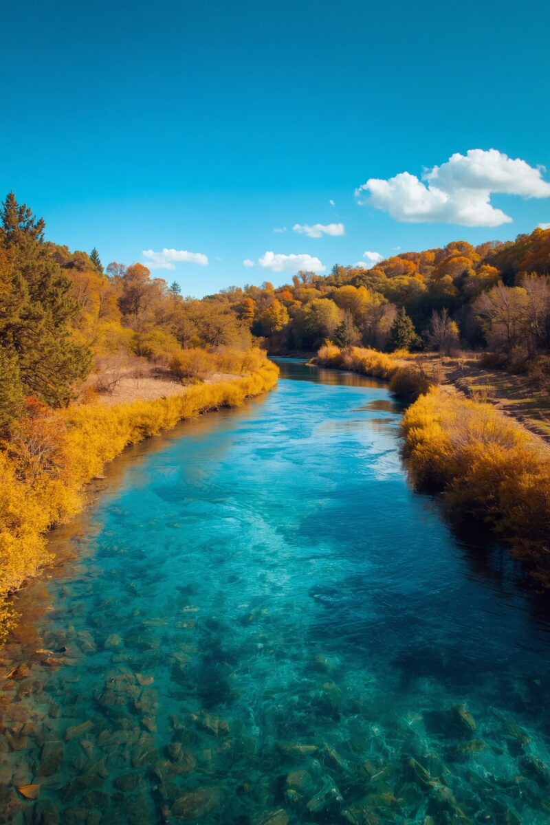 Crystal clear turquoise river winding through autumn forest with golden yellow and orange foliage under blue sky