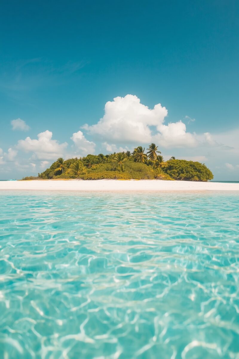 Crystal clear turquoise ocean water with a lush tropical island featuring white sand beach and palm trees under blue sky