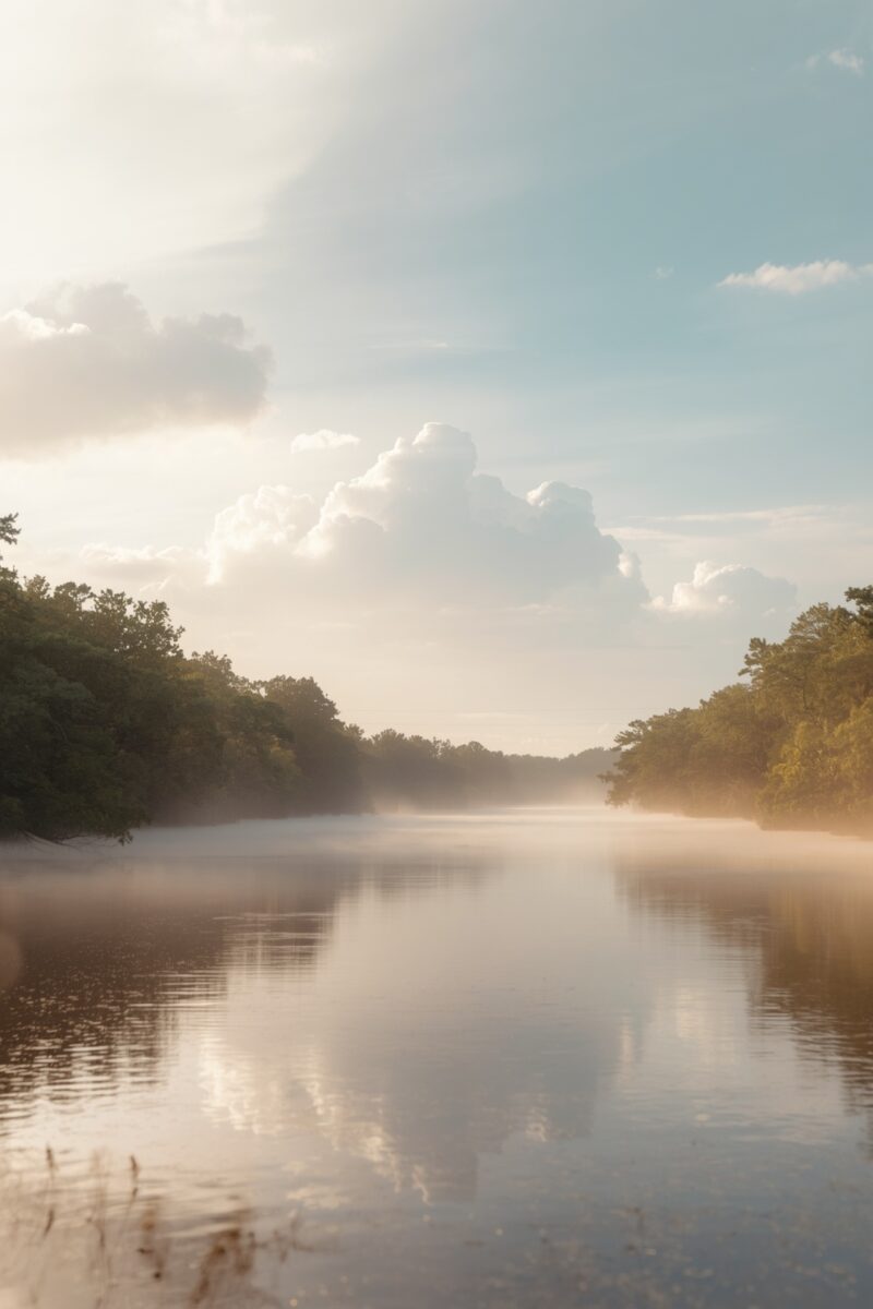 Misty river at dawn with calm reflective water, tree-lined banks, and soft morning light under a blue sky
