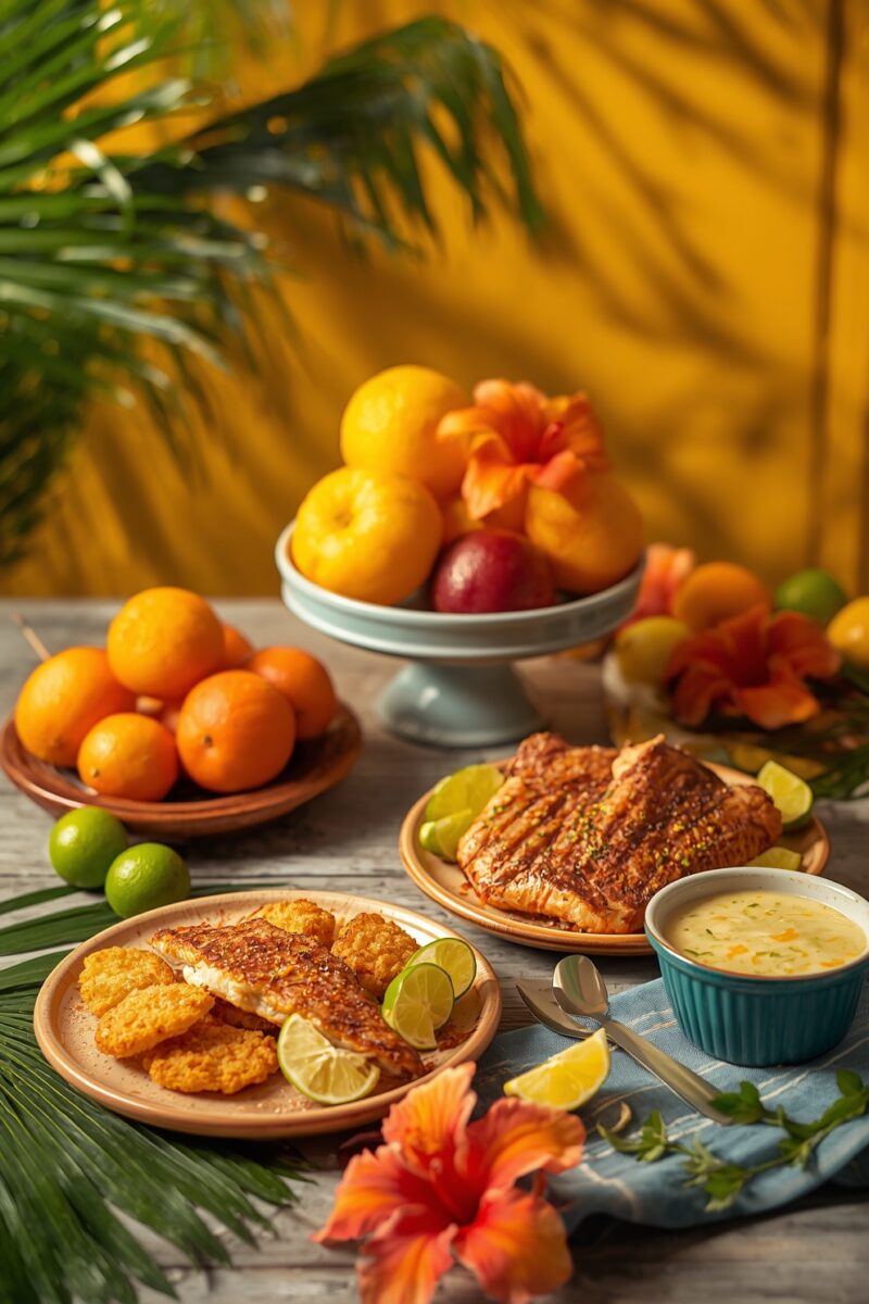 Tropical food spread with grilled fish, fried fish bites, creamy sauce, citrus fruits, and hibiscus flowers on rustic wooden table