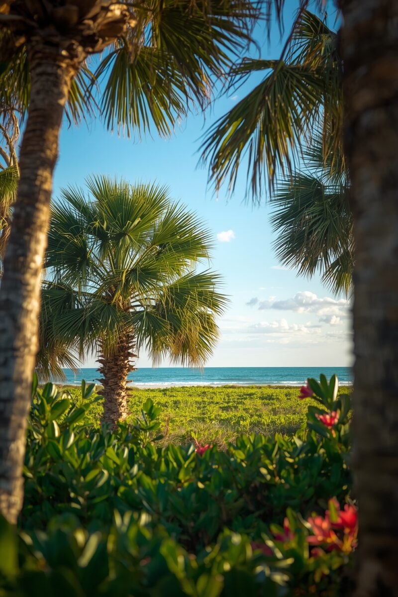 Tropical beach scene framed by palm trees with turquoise ocean, green coastal vegetation, and red flowers in foreground