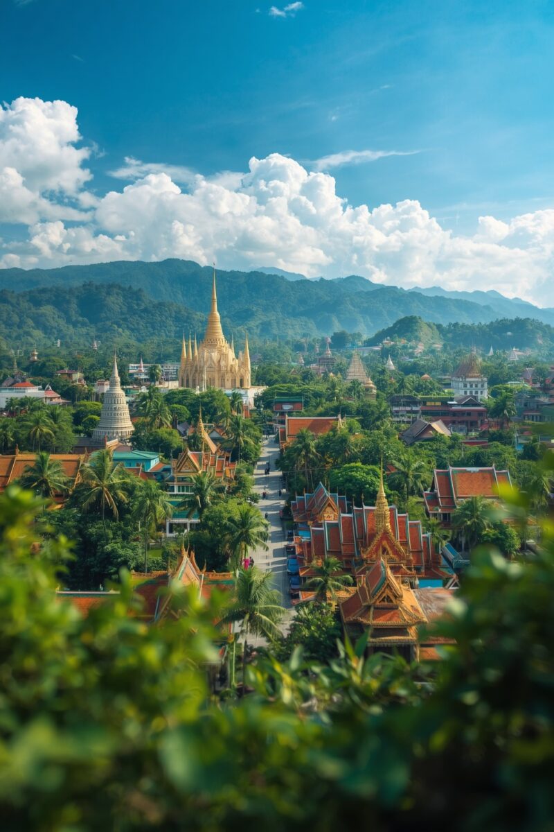 Aerial view of Southeast Asian city with golden Buddhist temples, stupas, red-roofed buildings, palm trees, and mountains