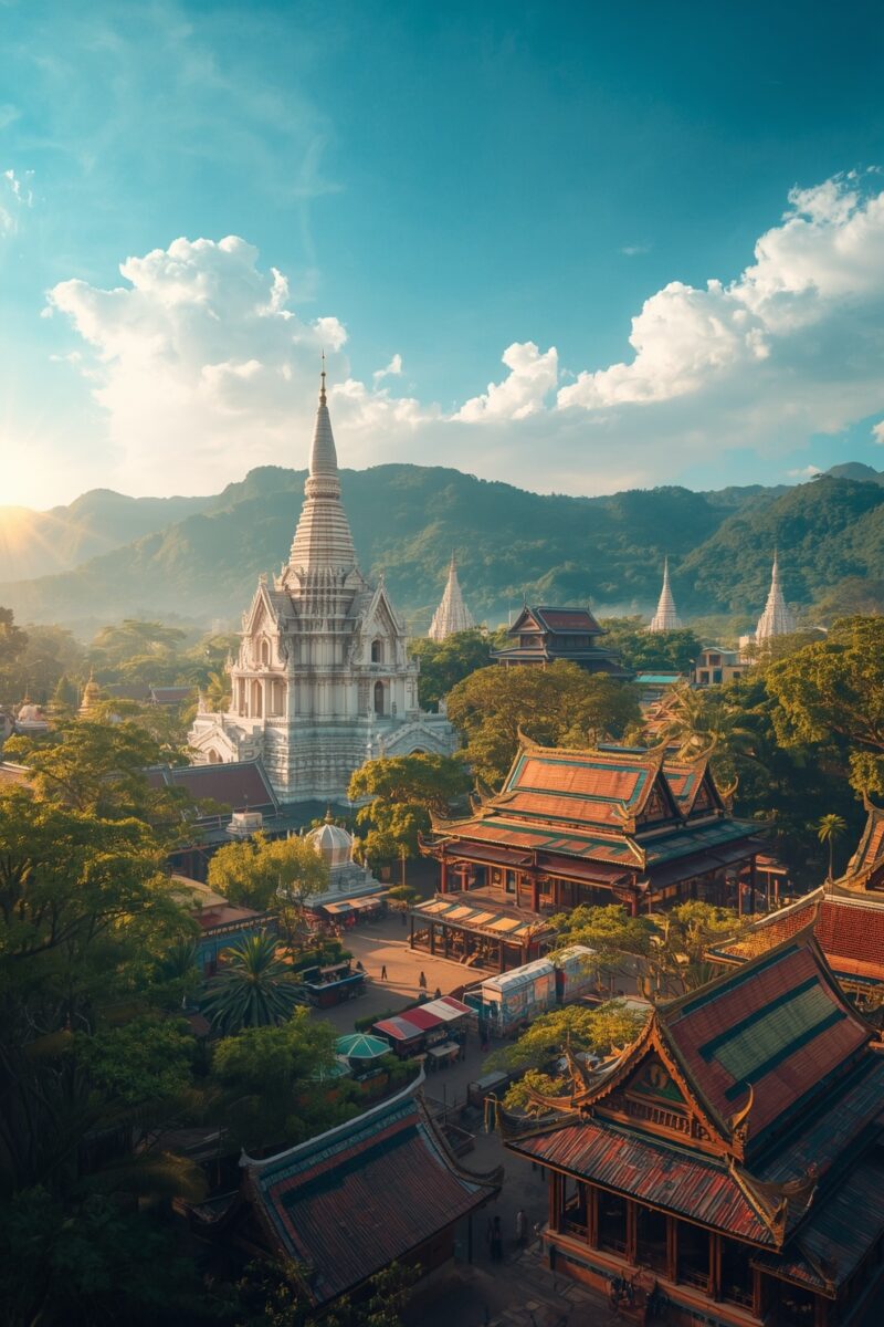 Aerial view of Thai Buddhist temple complex with white pagoda, ornate red-roofed shrines, lush trees, and mountain backdrop at golden hour