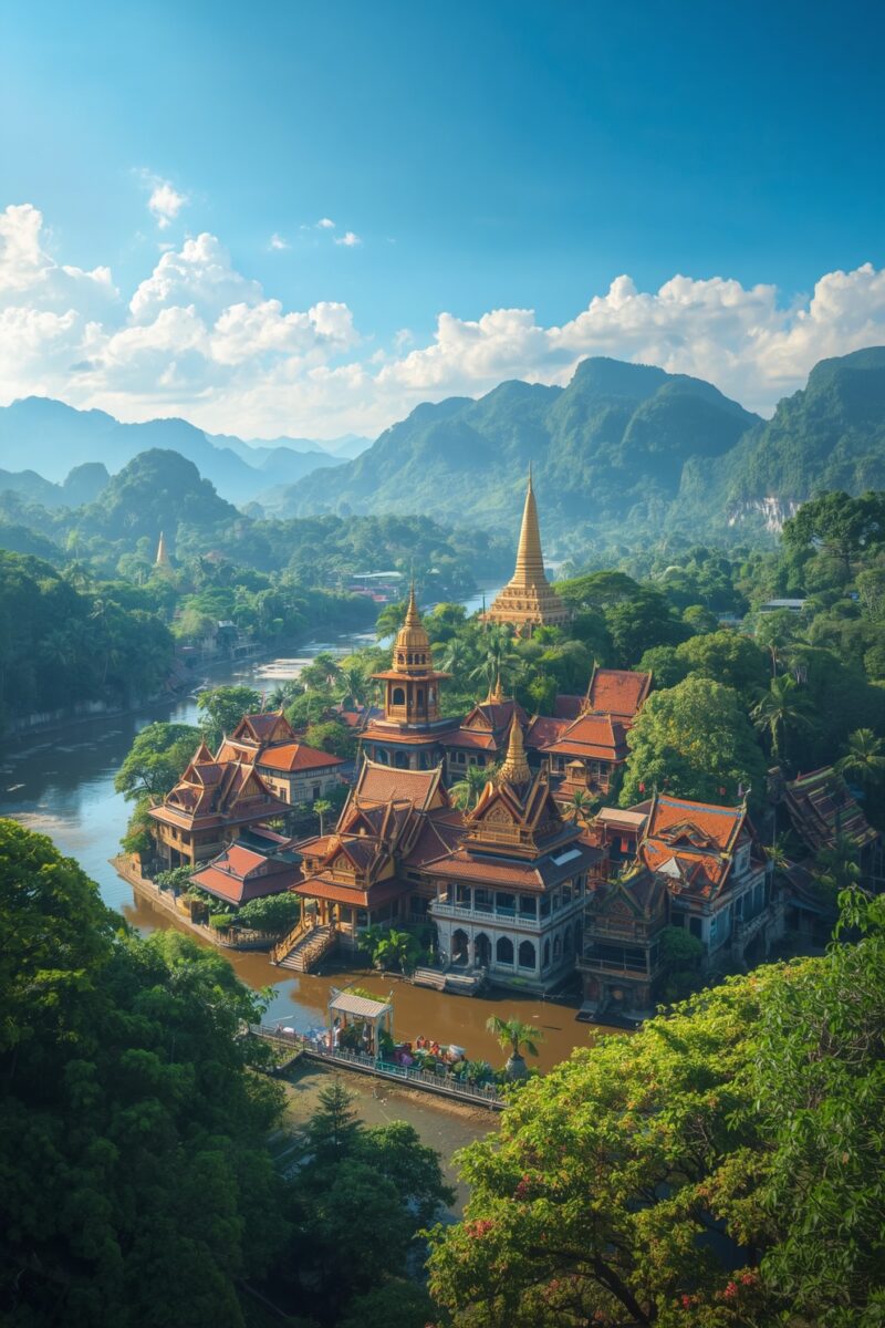Aerial view of golden-spired Southeast Asian temple complex along a river surrounded by tropical jungle and misty mountains