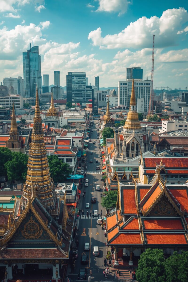 Aerial view of Bangkok skyline with golden Buddhist temple spires and red rooftops contrasting modern skyscrapers