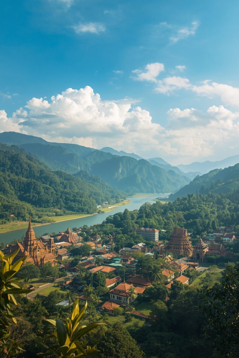 Aerial view of a Southeast Asian riverside town with Buddhist temples, red-roofed buildings, and forested mountains