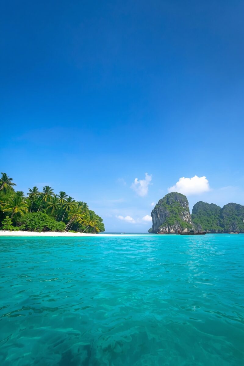 Crystal clear turquoise water with white sandy beach, palm trees, and towering limestone karst cliffs under blue sky