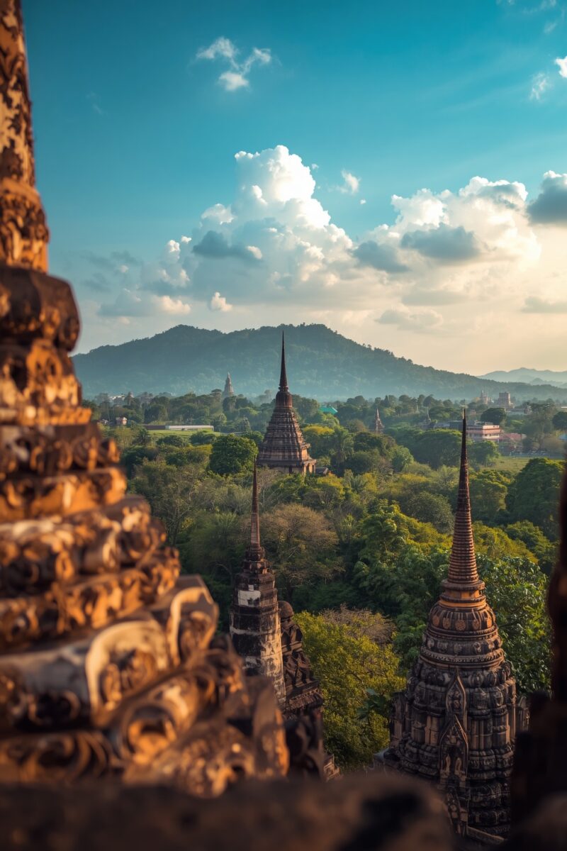 Ancient Buddhist temple spires rising above lush green trees with misty mountains and blue sky in Thailand