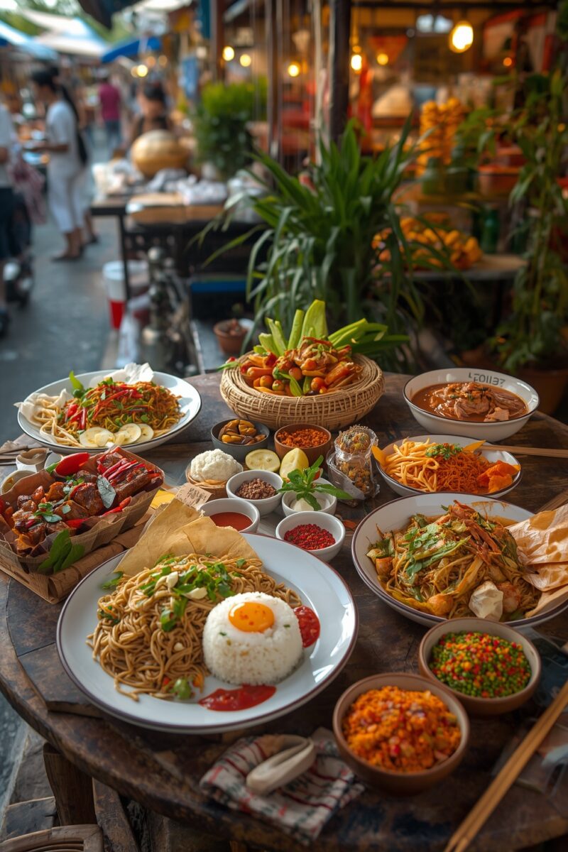 Colorful spread of Asian street food dishes including noodles, fried egg rice, meat, and condiments on wooden table at outdoor market