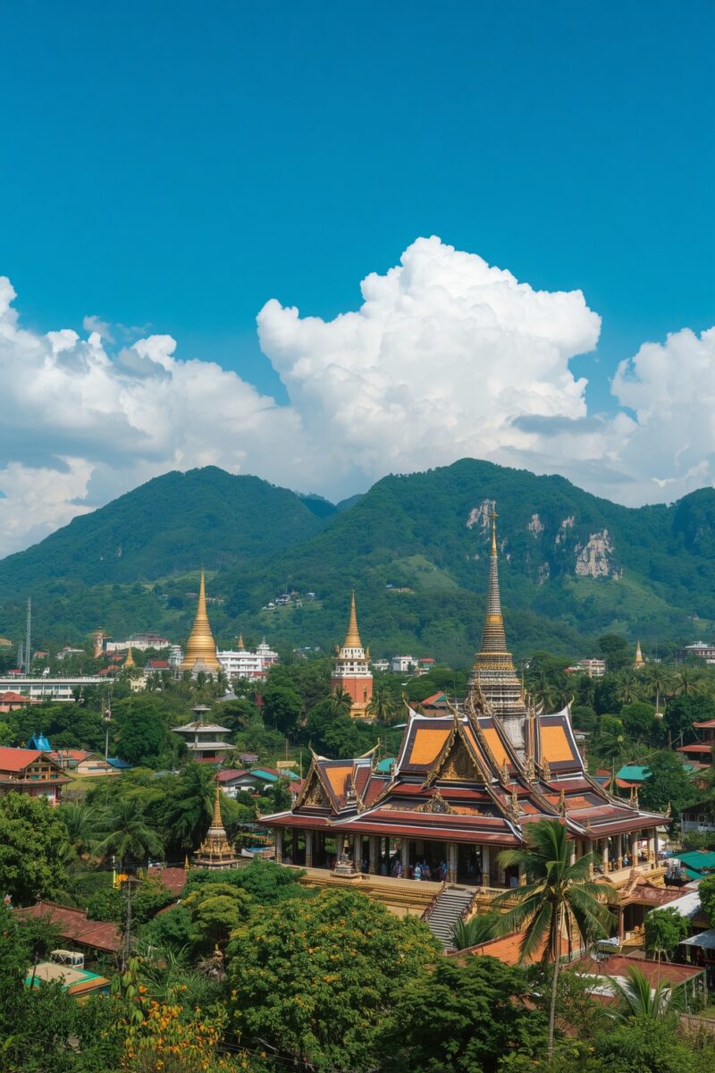 Panoramic view of Thai Buddhist temples with golden spires, lush palm trees, and green mountains under blue sky
