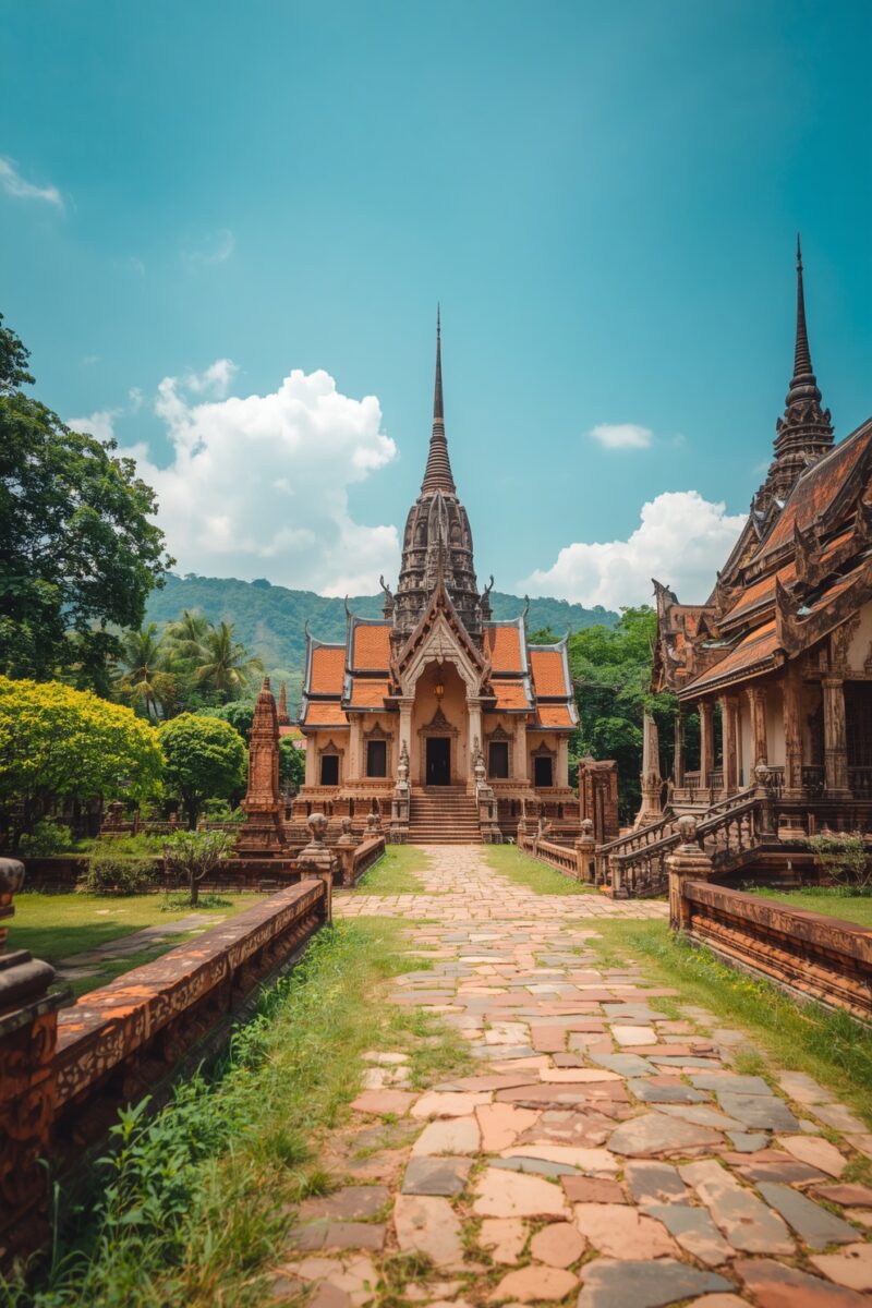 Ancient Thai Buddhist temple with ornate spire and stone pathway surrounded by lush tropical greenery