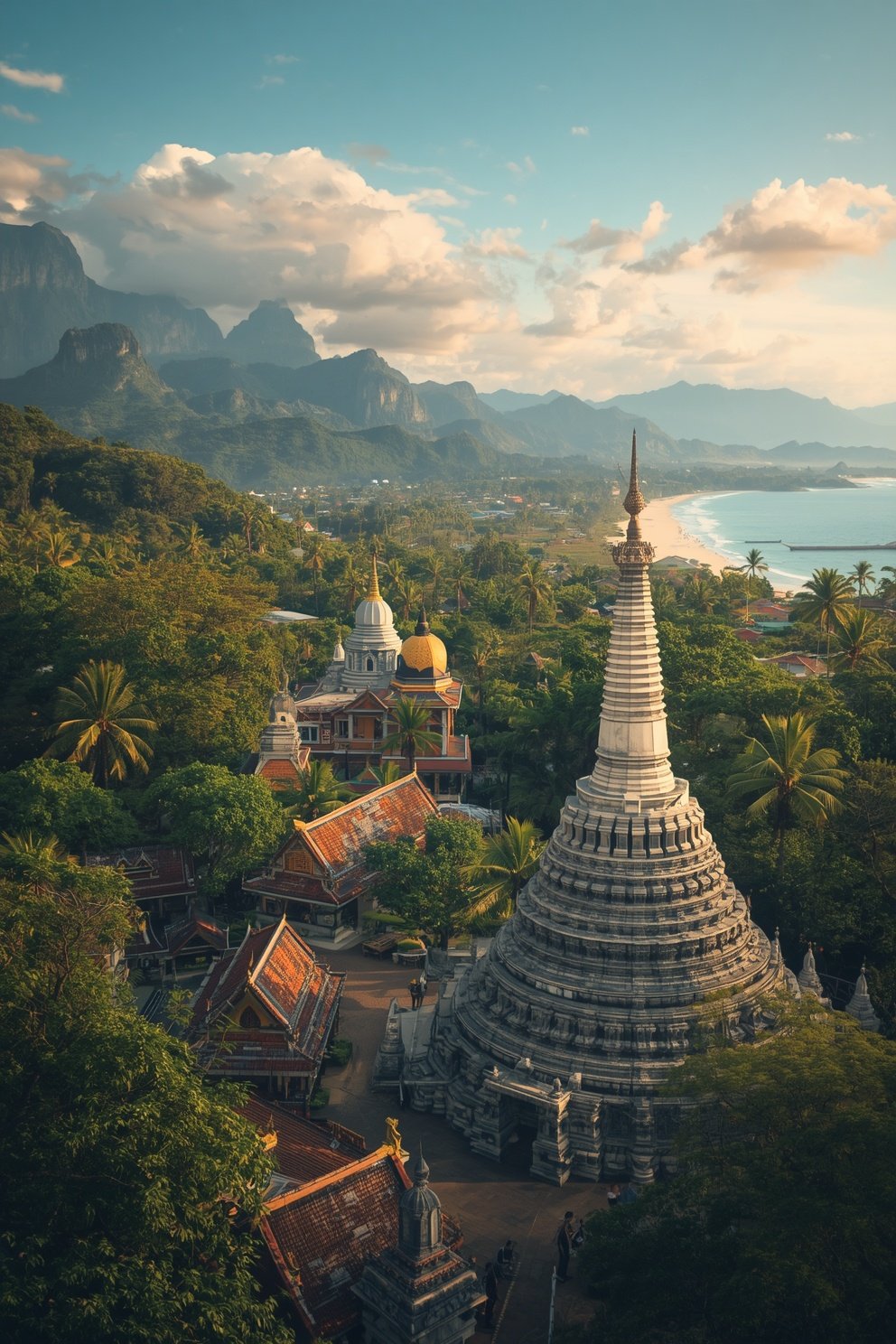 Aerial view of a white Buddhist stupa and temple complex surrounded by tropical trees with mountains and coastline behind