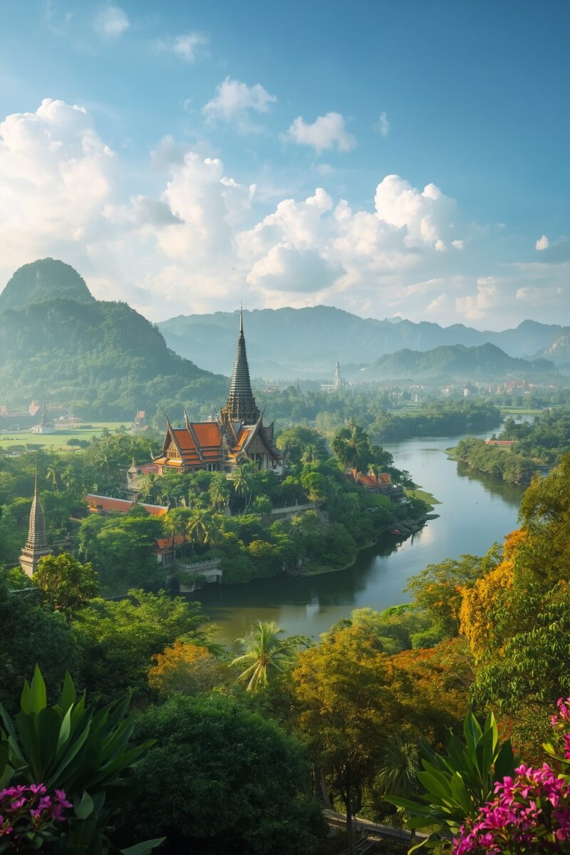 Aerial view of Thai Buddhist temple complex with golden spire beside a winding river, surrounded by tropical forest and mountains
