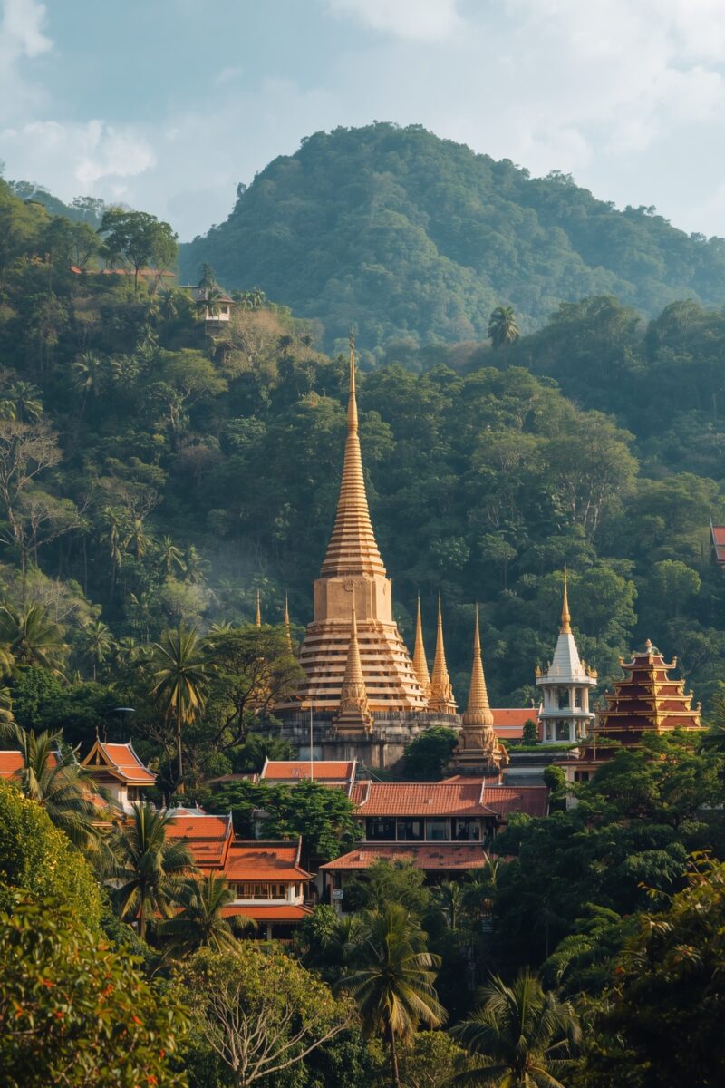 Golden Buddhist temple stupas rising above red-roofed buildings surrounded by tropical trees and green forested hillside