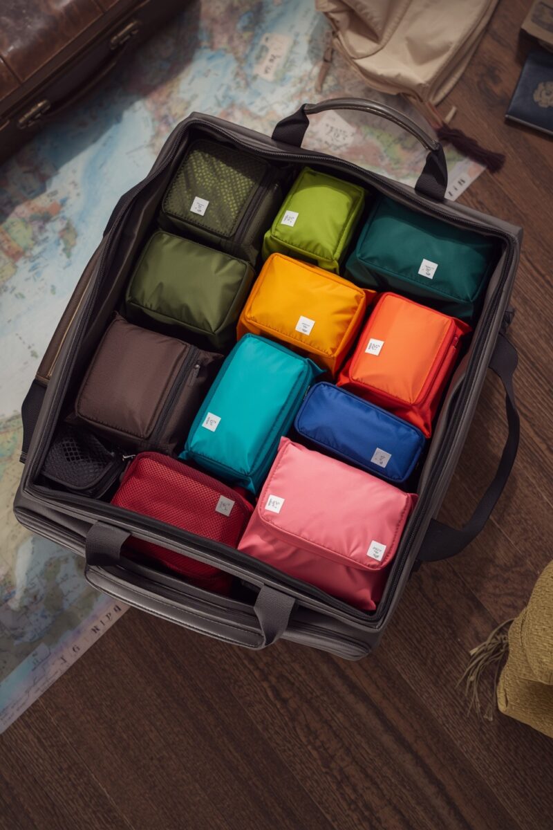 Open travel bag filled with colorful packing cubes in green, teal, orange, pink, blue, and red arranged neatly