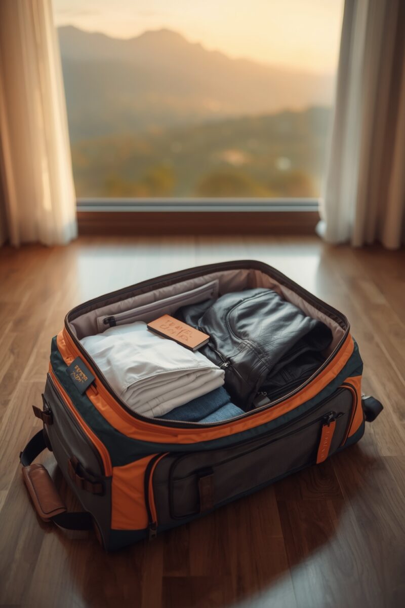 Open orange and gray travel backpack packed with folded white shirt, jeans, and black leather jacket on wooden floor