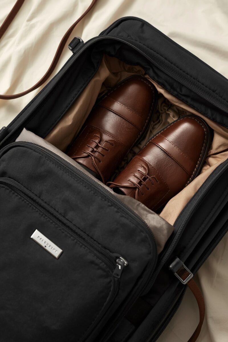 Brown leather Oxford dress shoes packed inside an open black travel bag with tan interior lining