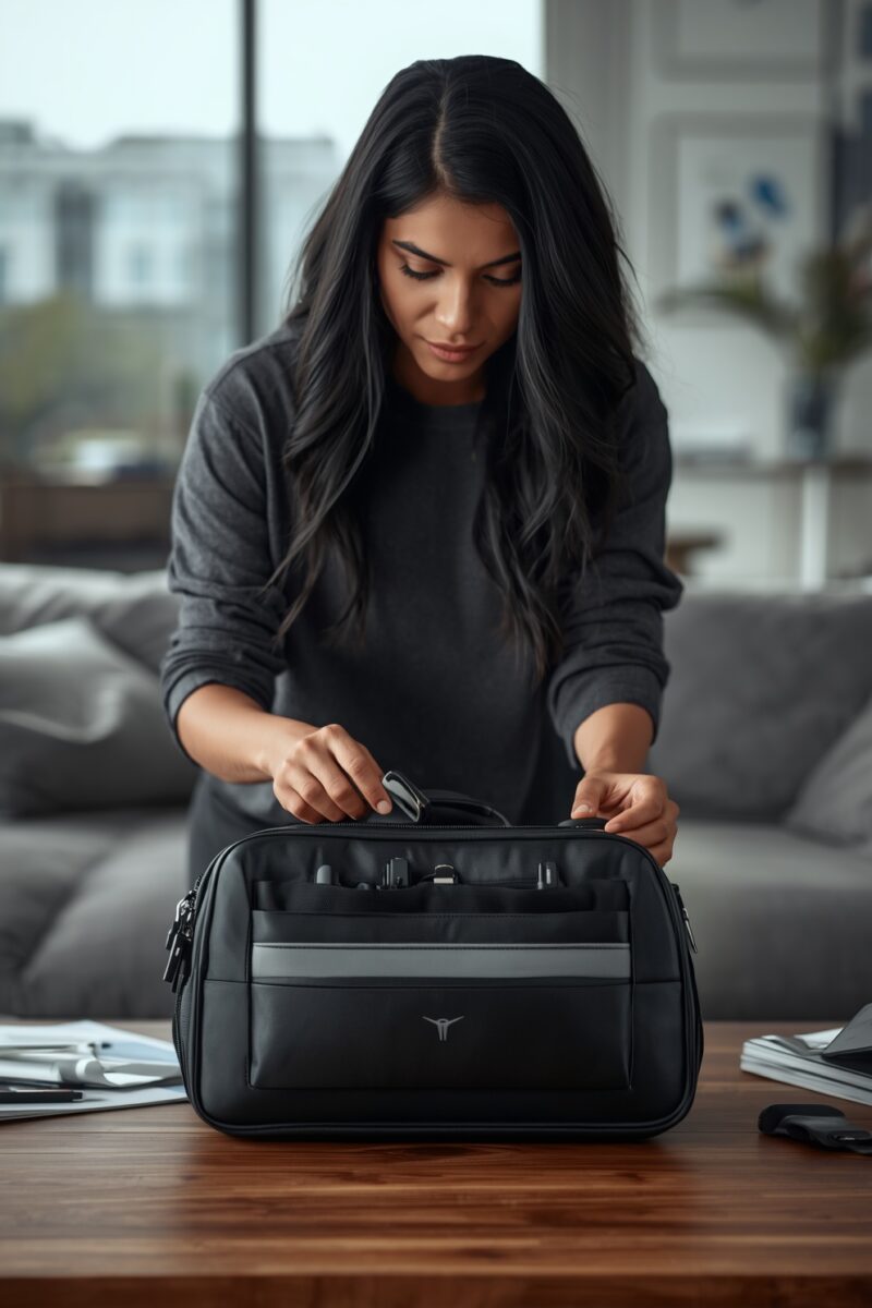 Woman with dark hair organizing a black laptop briefcase on a wooden desk in a modern living space