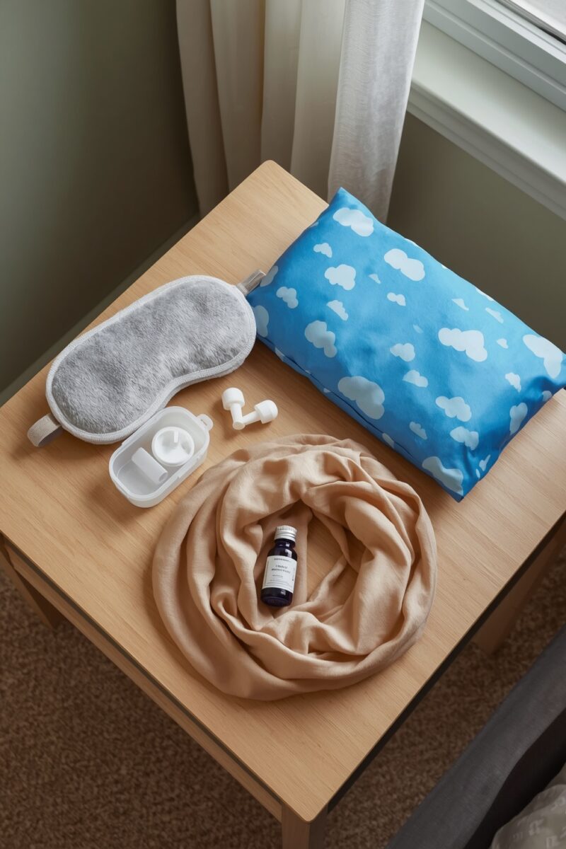 Sleep kit on wooden nightstand featuring gray eye mask, earplugs, cloud-print pillow, beige scarf, and small dark bottle