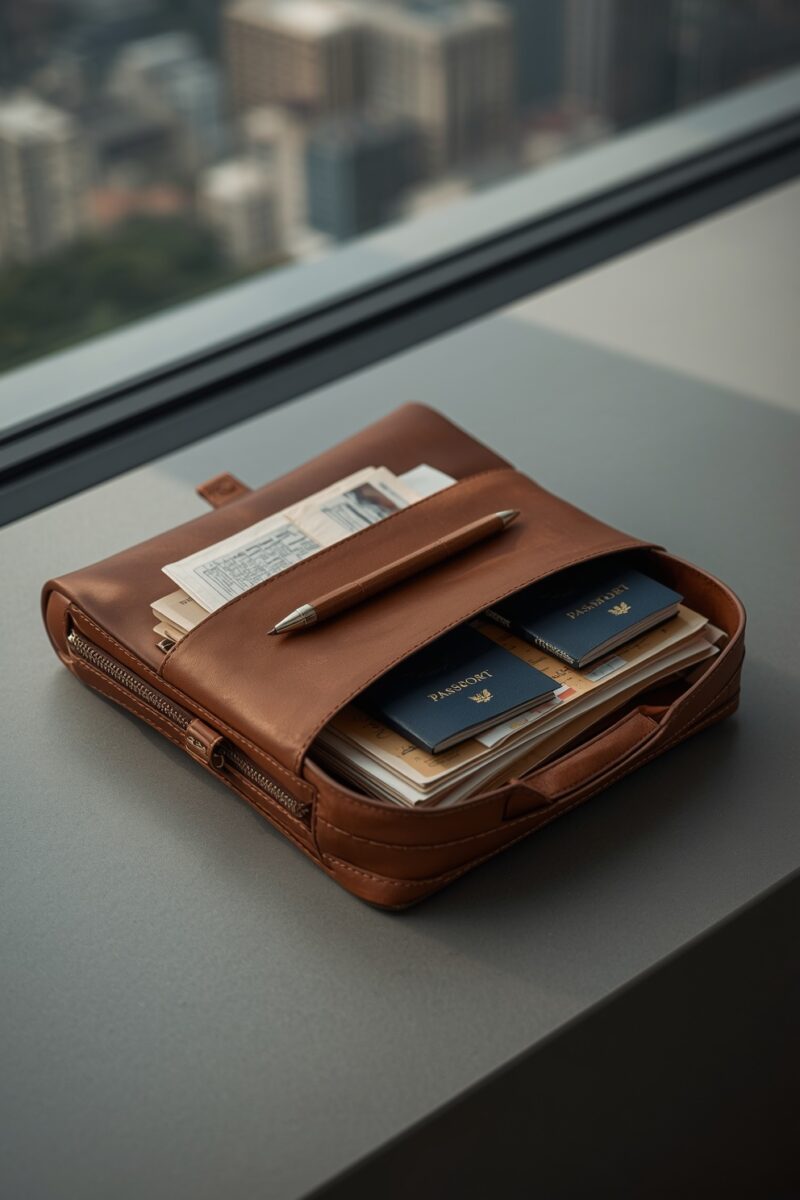 Brown leather travel document organizer open on desk containing two blue passports, papers, and a silver pen with city view