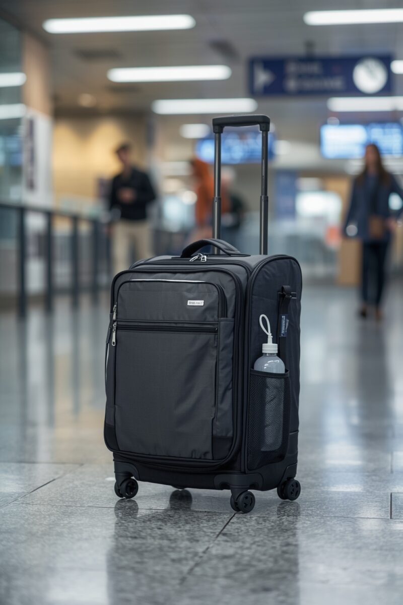 Black carry-on spinner suitcase with extended handle and water bottle pocket standing in airport terminal