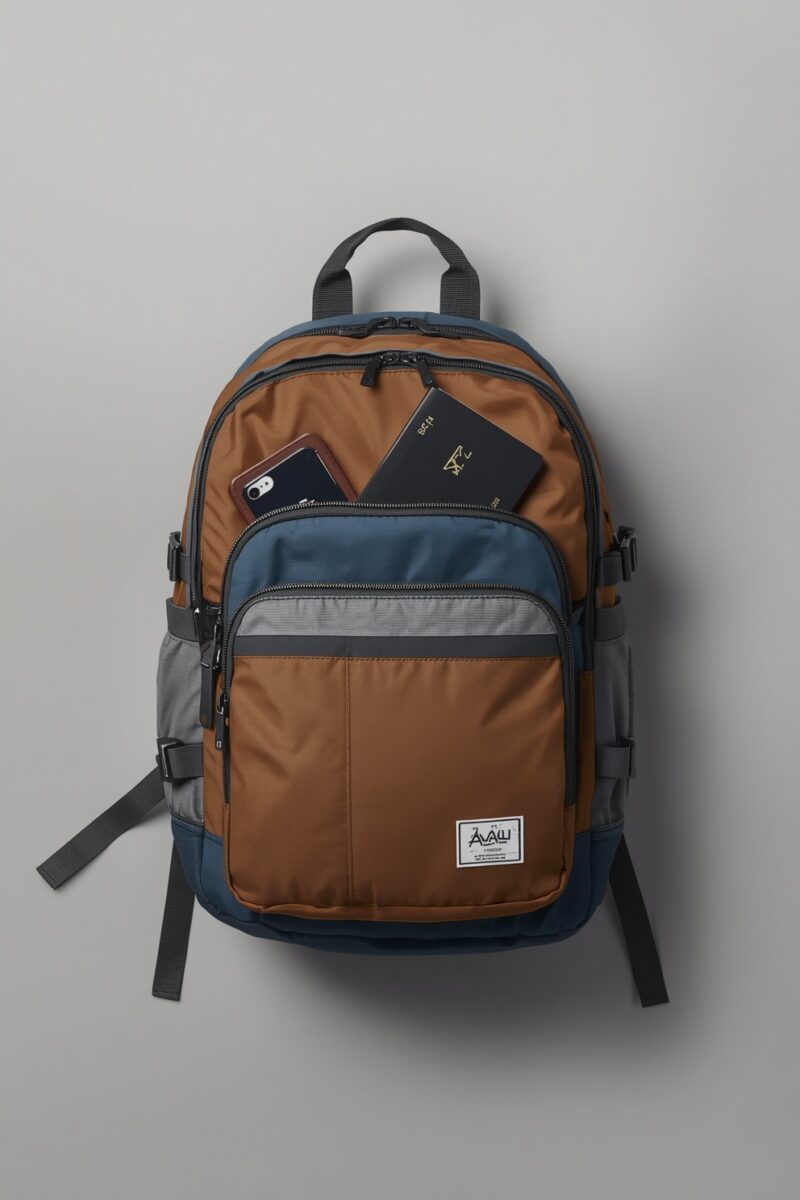 Brown and navy AVAW multi-pocket backpack with open compartment showing passport and smartphone