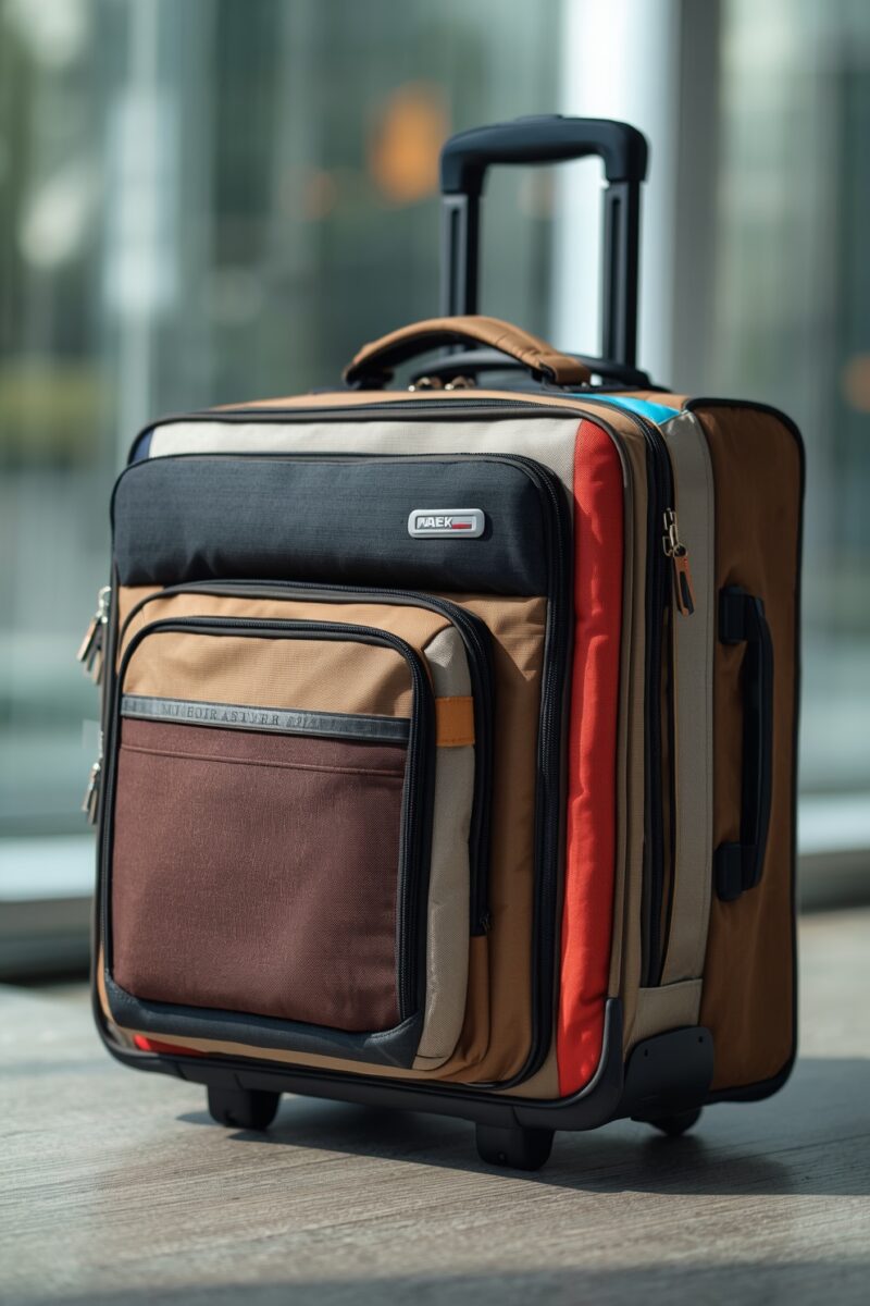 Multi-colored carry-on rolling suitcase with extended handle, featuring brown, black, red, and beige panels with front pockets