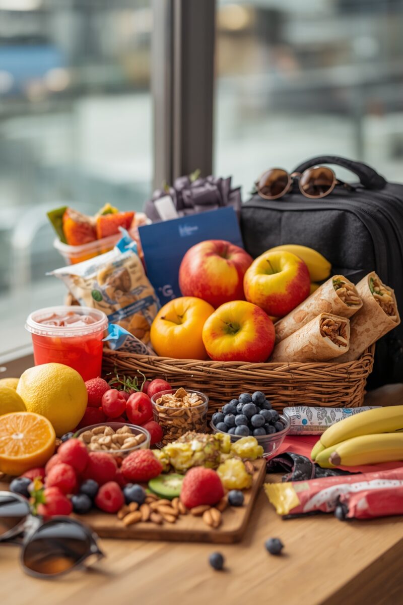 Wicker basket filled with apples and wraps surrounded by fresh berries, nuts, citrus fruits, and travel snacks on a table
