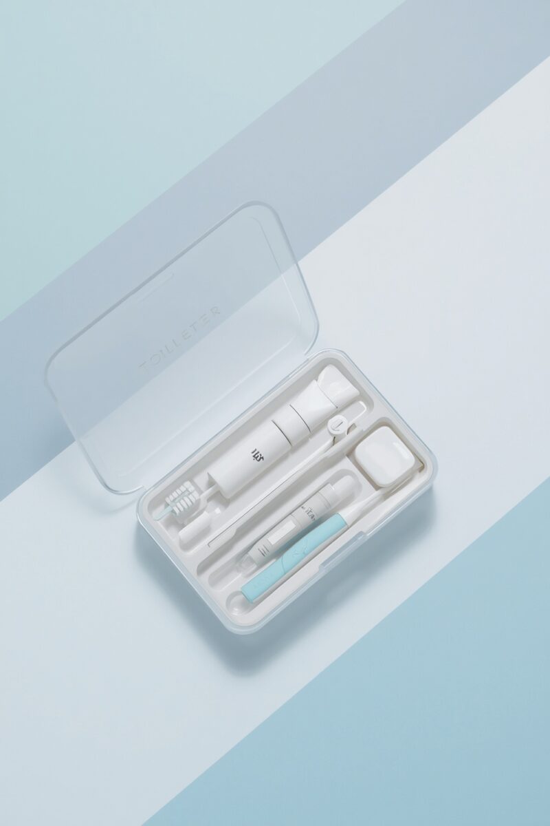 Open clear travel toiletry case labeled TOILETER containing toothbrushes, toothpaste, and dental care items