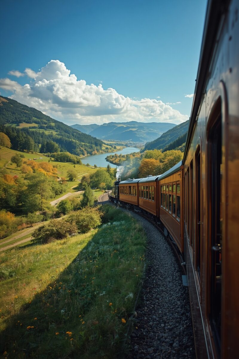 Vintage steam train with wooden passenger cars curving through a lush green mountain valley with a river below