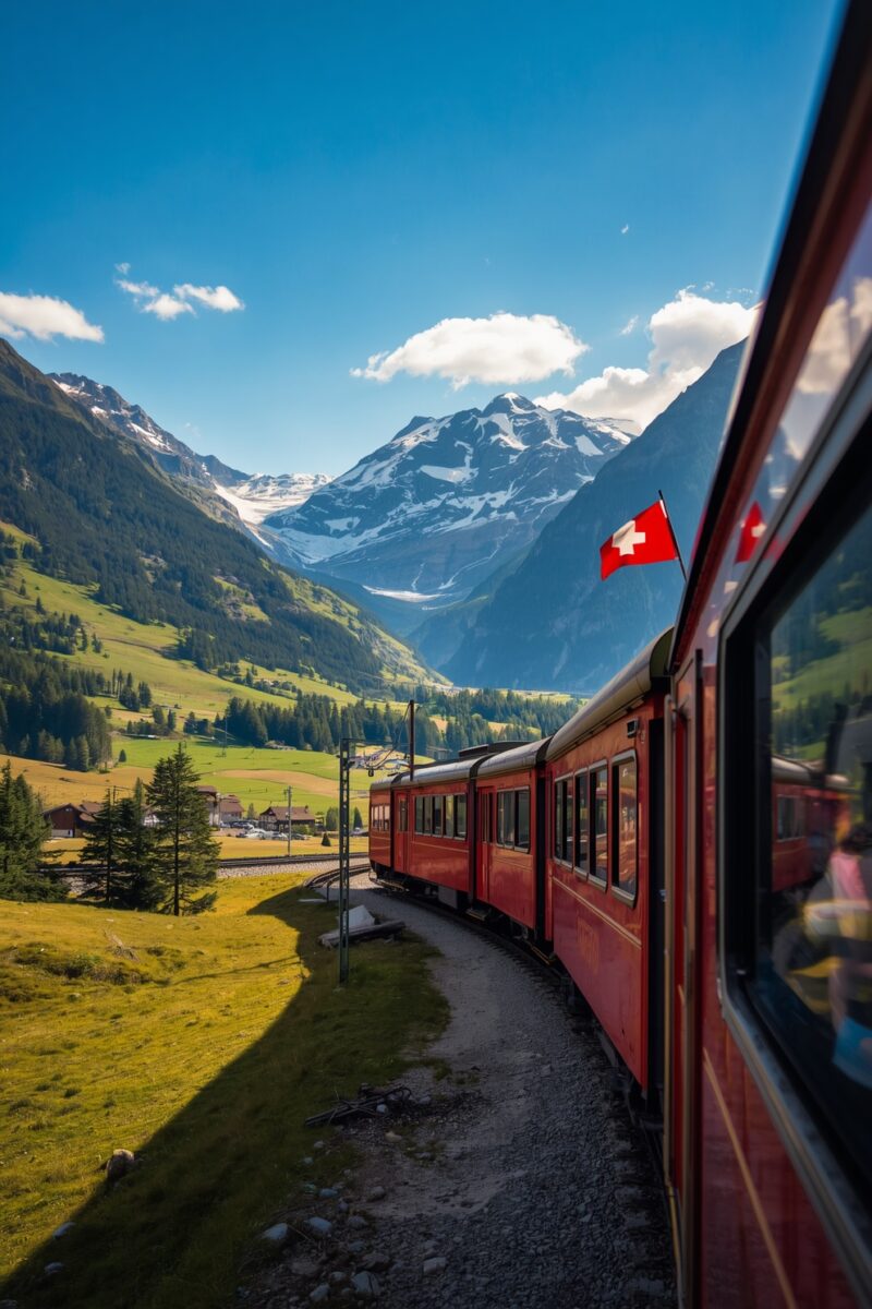 Red Swiss train with Swiss flag winding through Alpine valley with snow-capped mountains and green meadows