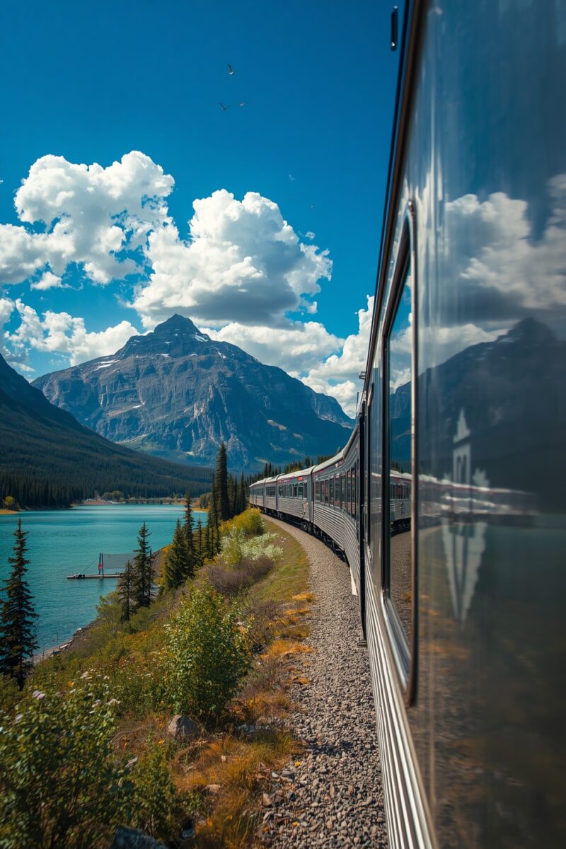 Passenger train curving along turquoise mountain lake with Rocky Mountain peaks and blue sky in background
