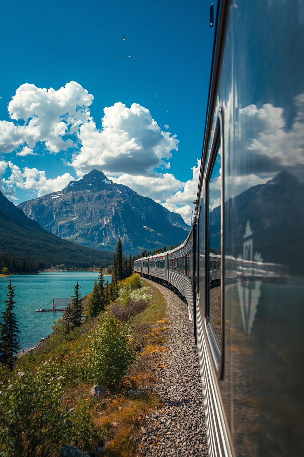 Passenger train curving along turquoise mountain lake with Rocky Mountain peaks and blue sky in background