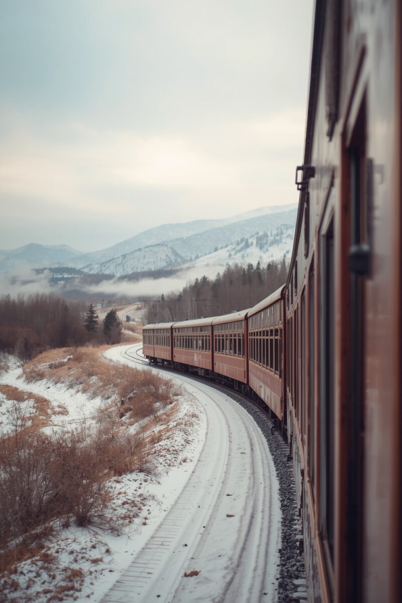 Vintage red passenger train curving through a snowy winter landscape with misty mountains in the background