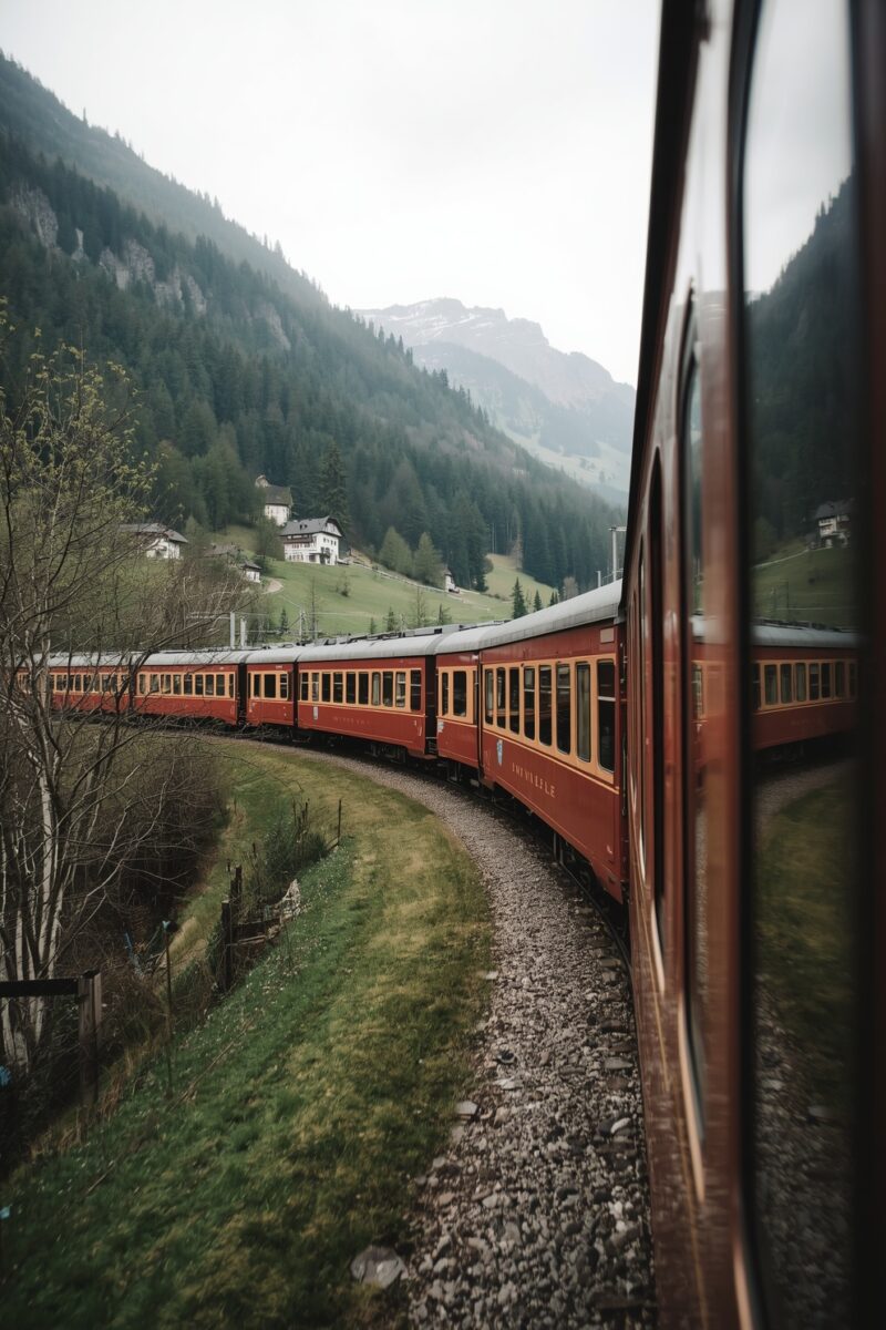 Red Swiss Alpine train curving through a mountain valley with green meadows, dense forests, and snow-capped peaks