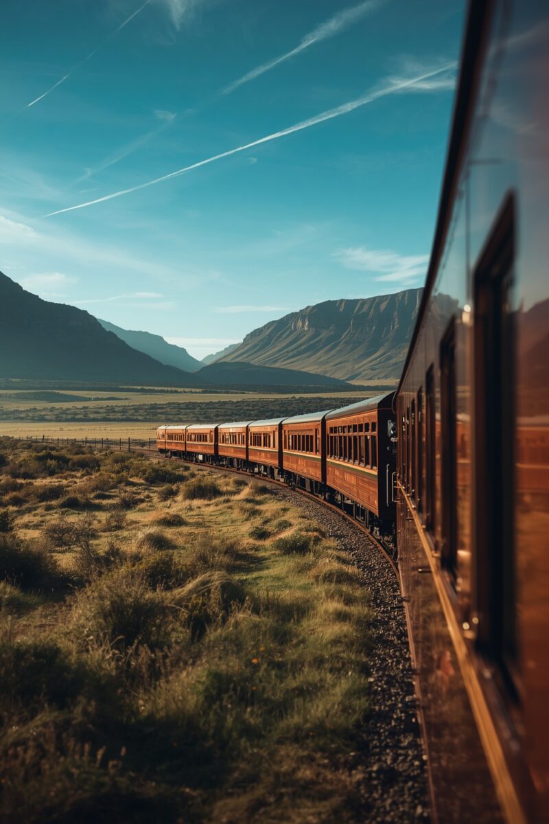Vintage brown passenger train curving through open grasslands with dramatic mountain range and blue sky backdrop