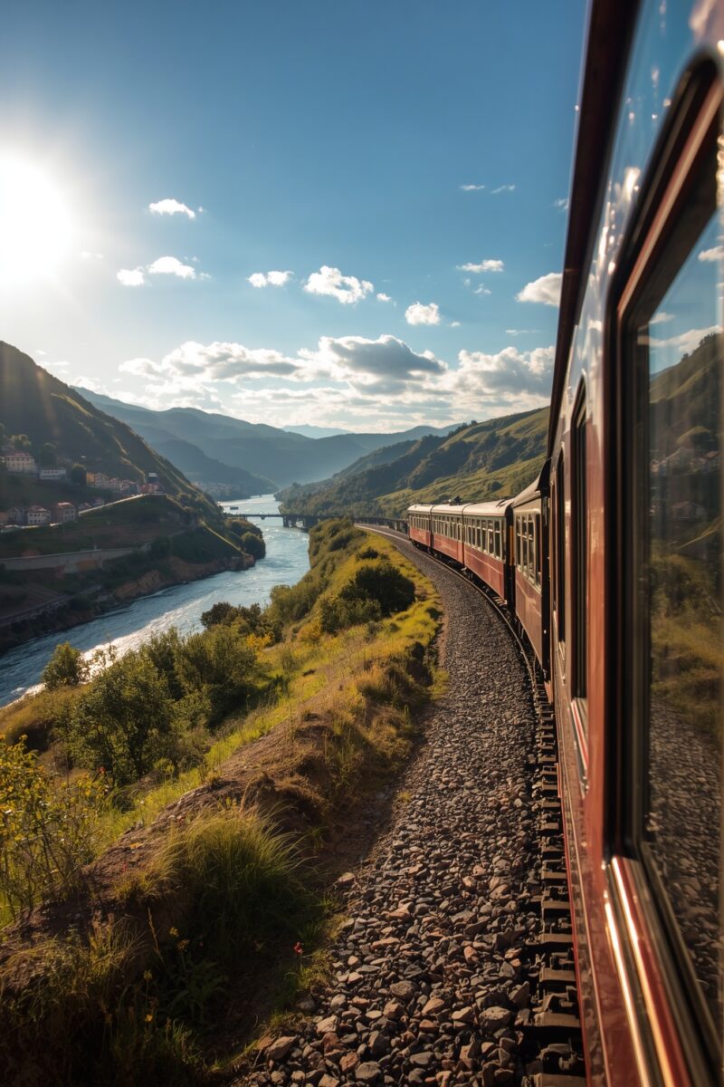 Red passenger train curving along mountain river valley track under sunny blue sky with rolling green hills