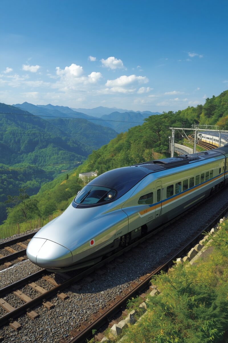 Silver high-speed bullet train with blue and gold stripes traveling through lush green mountain landscape