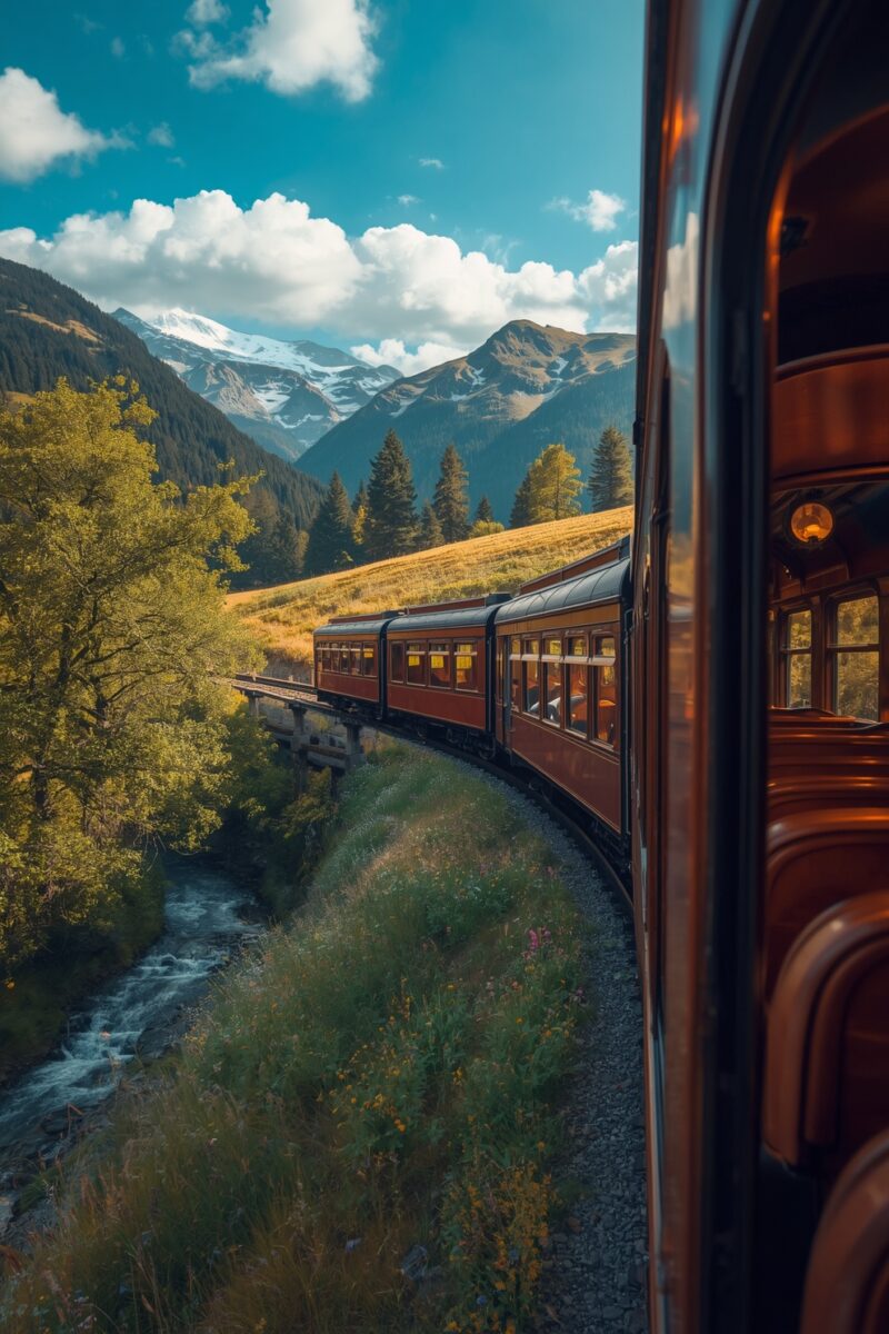 Vintage red train curving through Alpine mountain valley with snow-capped peaks, river, and lush green forest