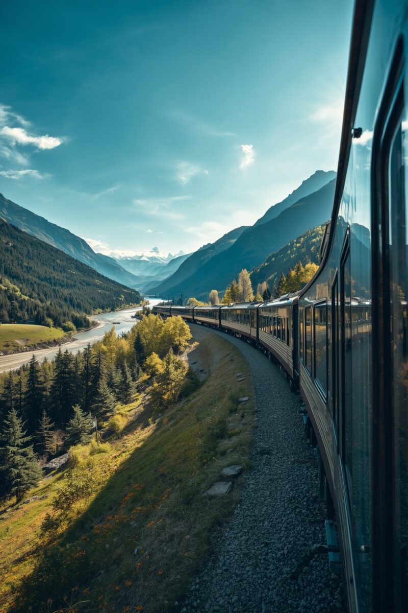 Scenic train journey through alpine mountain valley with river, evergreen forests, and snow-capped peaks under blue sky