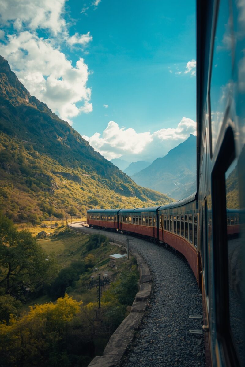 Classic red and blue passenger train curving through a lush mountain valley under a bright blue sky