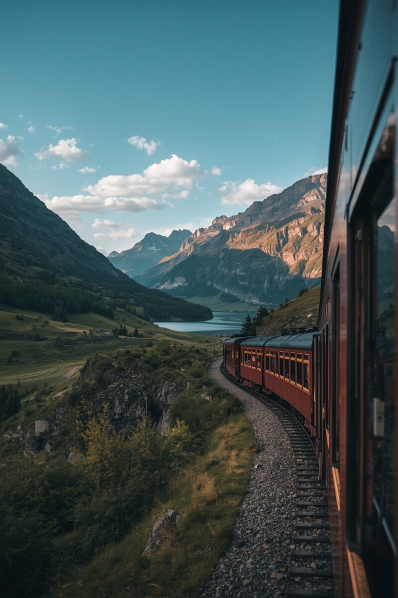 Red vintage train curving through Alpine valley with turquoise lake and dramatic mountain peaks under blue sky