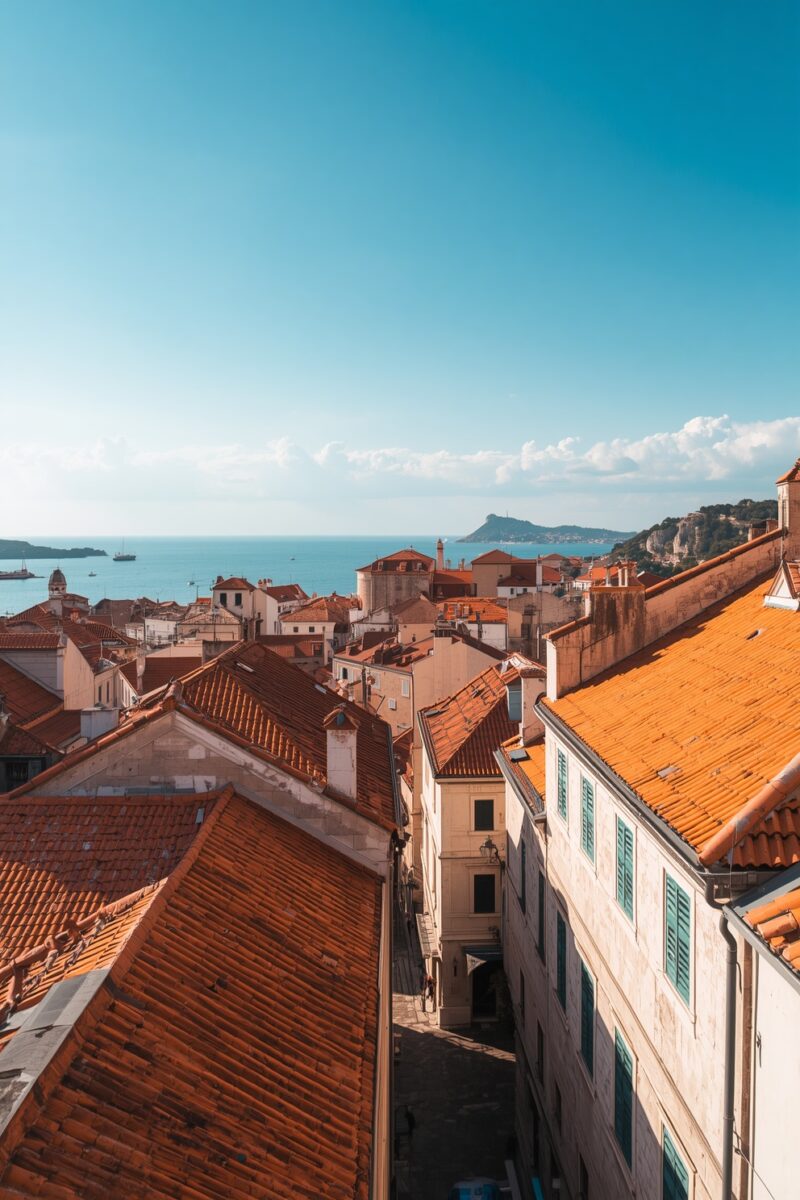 Aerial view of Dubrovnik Old Town with terracotta rooftops, narrow alleyway, and Adriatic Sea in background