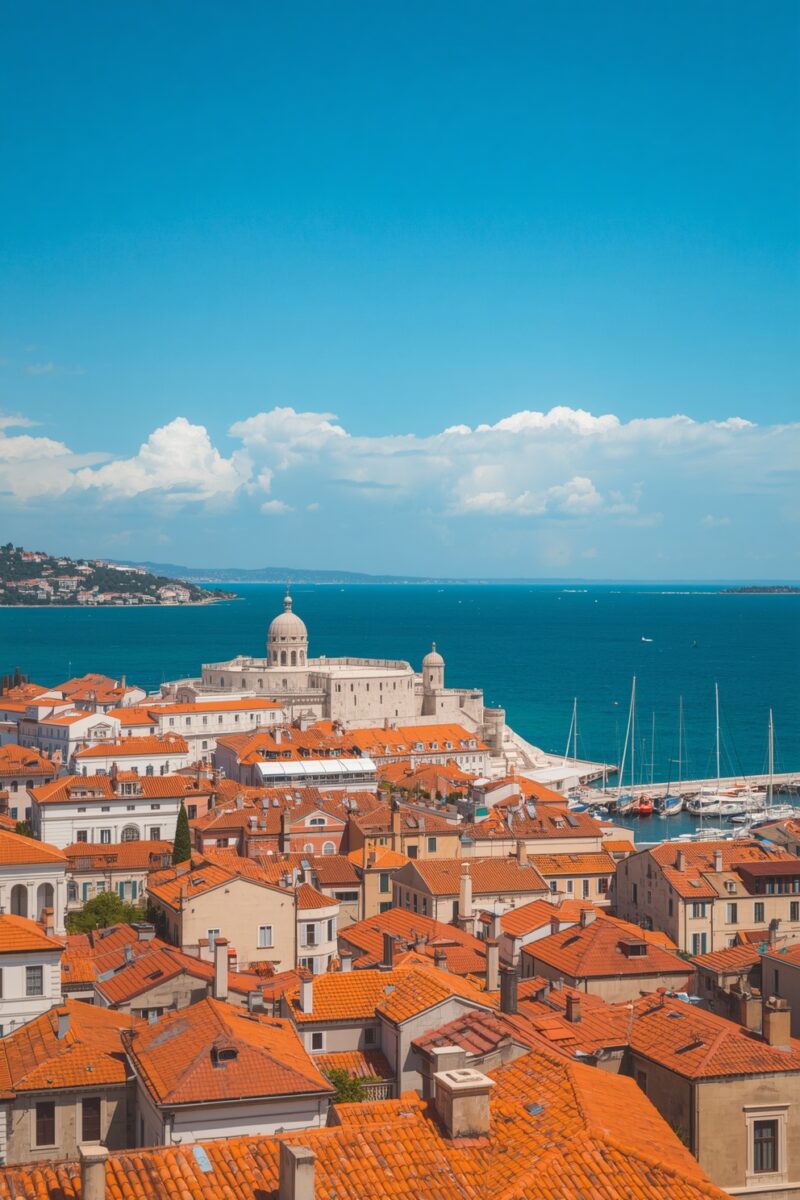 Aerial view of Mediterranean coastal city with orange terracotta rooftops, domed cathedral, and blue Adriatic Sea
