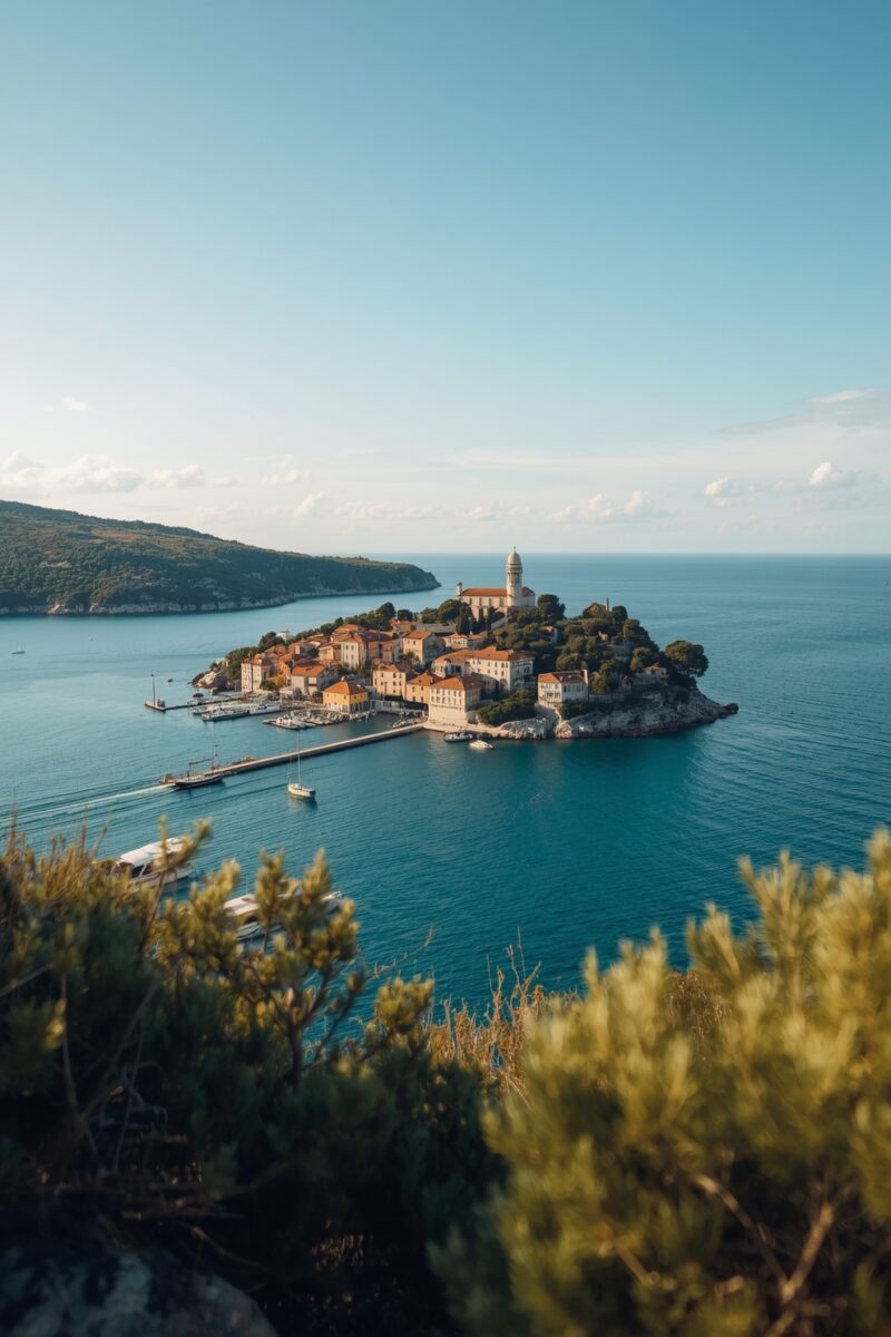 Aerial view of a small Mediterranean island town with terracotta rooftops, a domed church, and a marina pier surrounded by turquoise Adriatic Sea waters