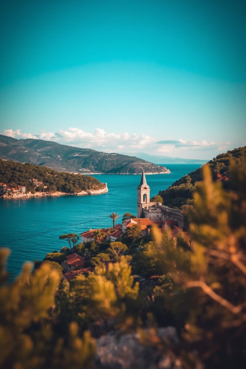 Aerial view of a historic Mediterranean coastal town with a church steeple, red-roofed buildings, and turquoise Adriatic Sea
