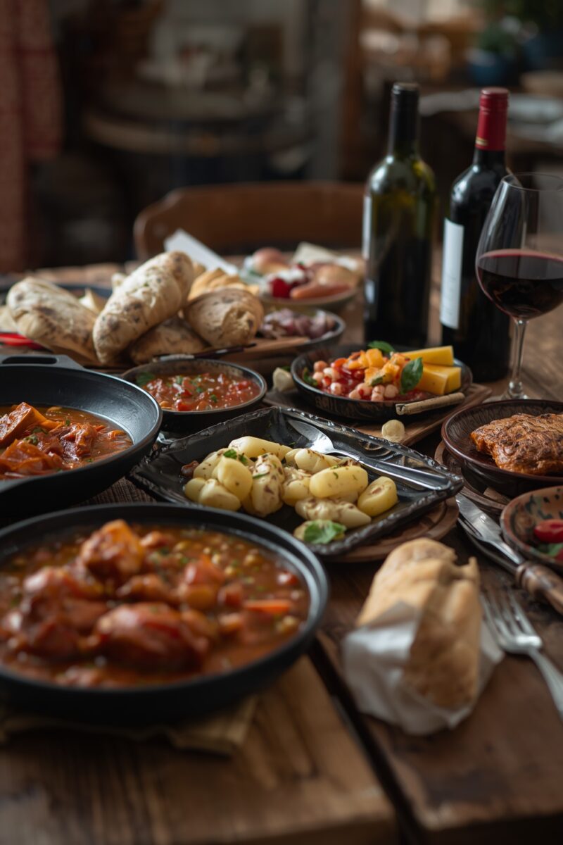 Rustic wooden table spread with stews, gnocchi, bread, cheese, charcuterie, and two red wine bottles with a poured glass